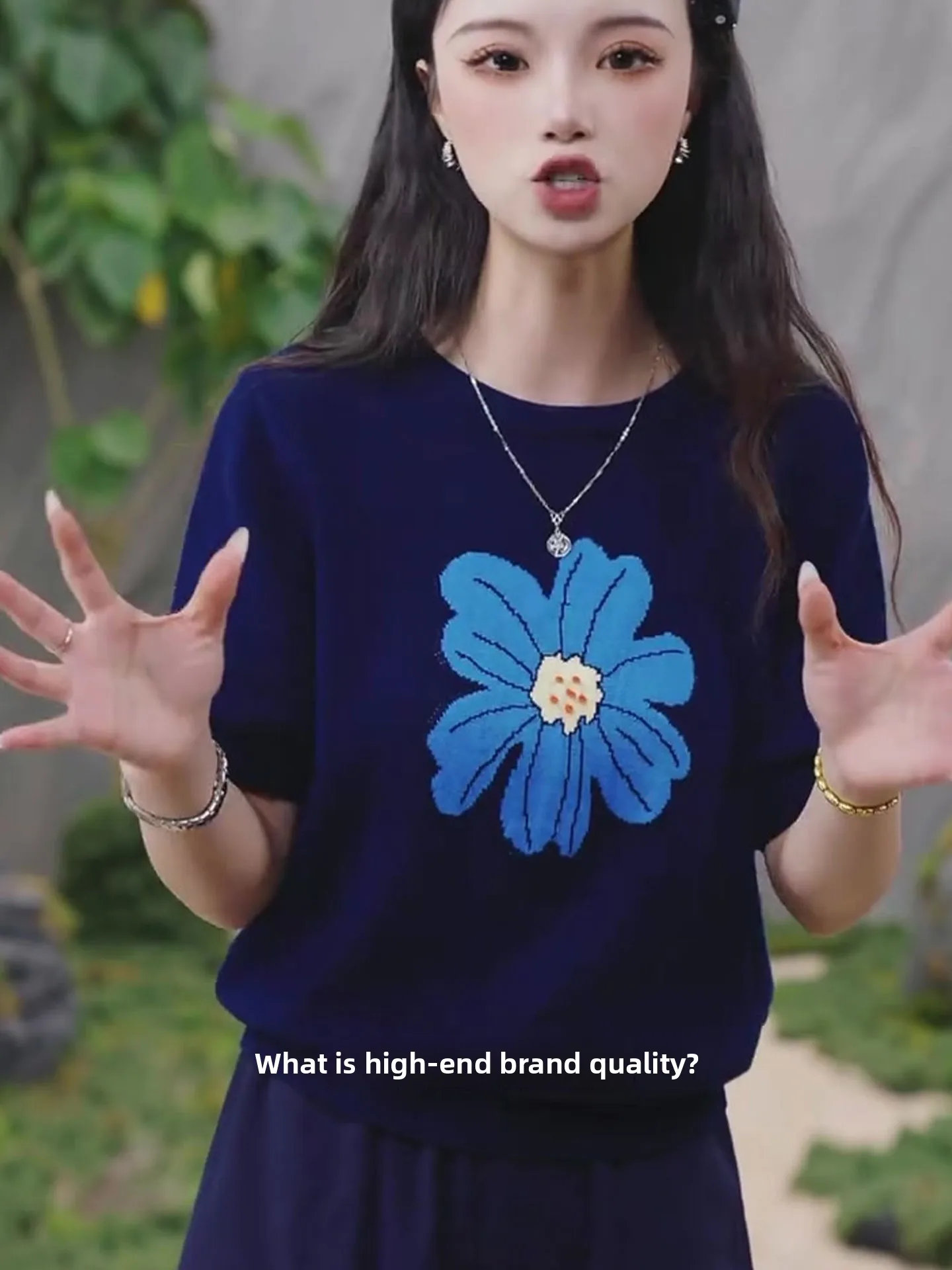 

Ele Korean Sle round Ne Ice Silk Knitted ort Sve Top Women's Skin-friendly Summer Faion Print T-irt