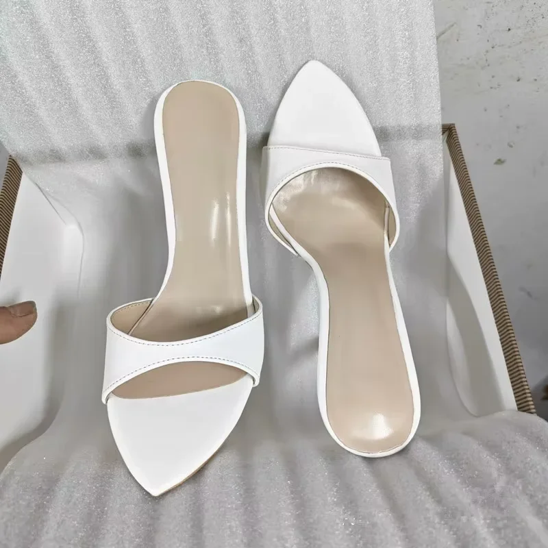 Tikicup Elegant Women White Matte Pointed Toe Mule Heeled Slippers Slip On Stiletto 12cm High Heels Sandals for Wedding Party
