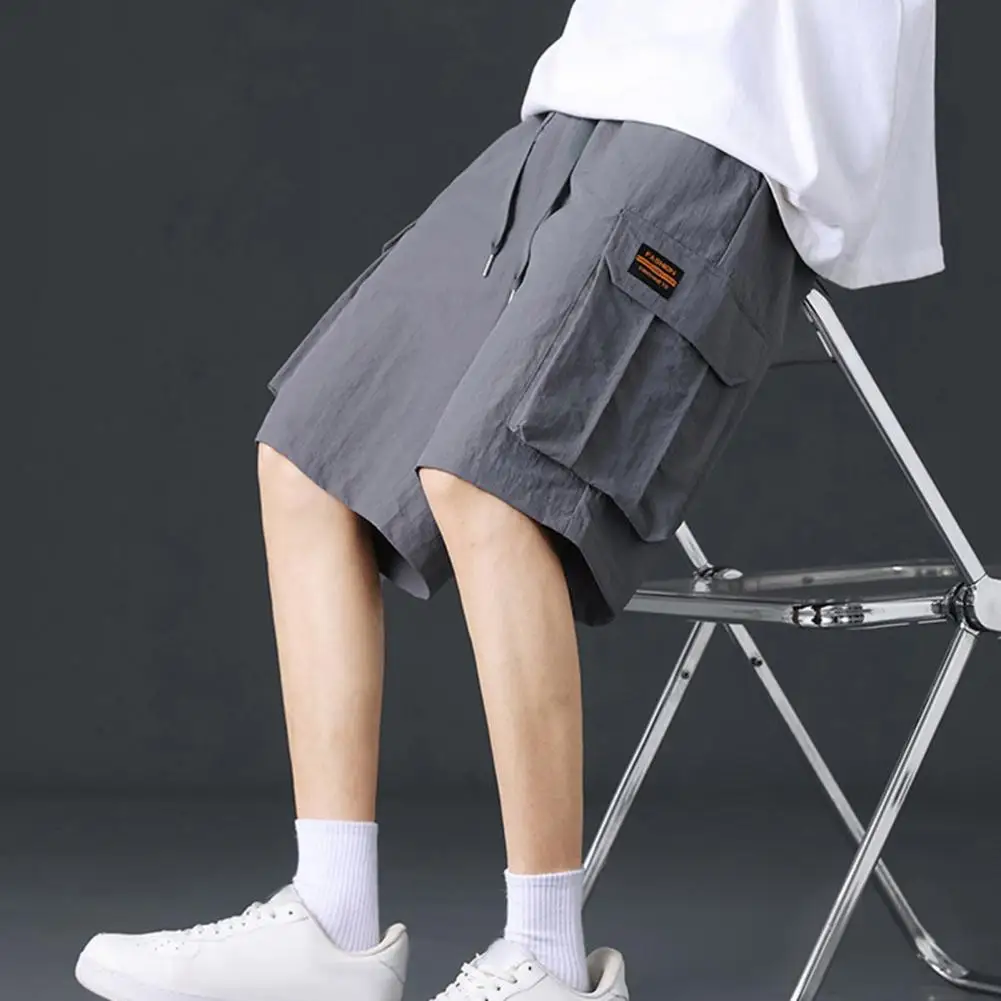 Men Knee Length Pants Men's Cargo Shorts with Drawstring Waist Multiple Pockets for Sporty Casual Wear Wide Leg Knee Length