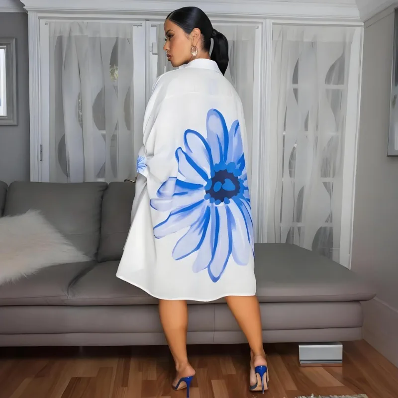 꽃 프린트 느슨한 캐주얼 셔츠 드레스 여성 패션 턴 다운 칼라 하프 슬리브 싱글 브레스트 오버 사이즈 홀리데이 비치 커버 업