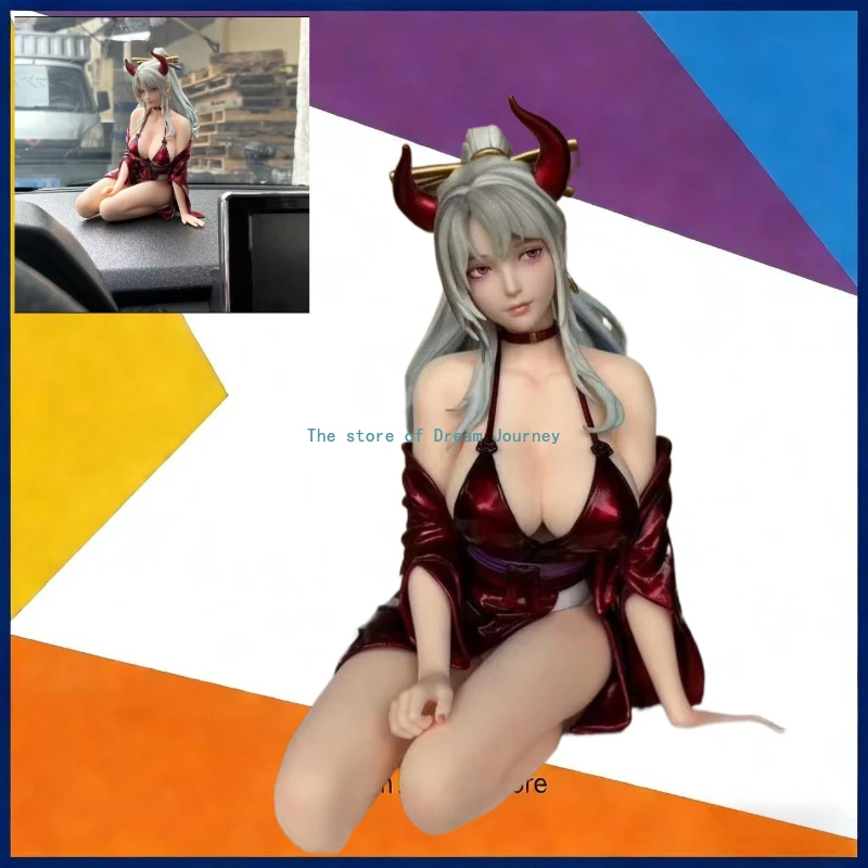 

One Piece Kimono Yamato GK Figure, kneeling pose, red kimono with long silver hair, red devil horns on the head 18cm