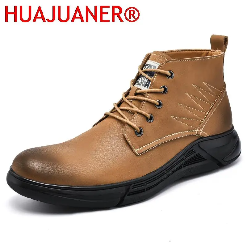 

New Leather Men Boots Man Casual Luxury Brand Fashion Shoes Mens Ankle Boots Male Lace-up Breathable Comfortable Outdoor Shoes