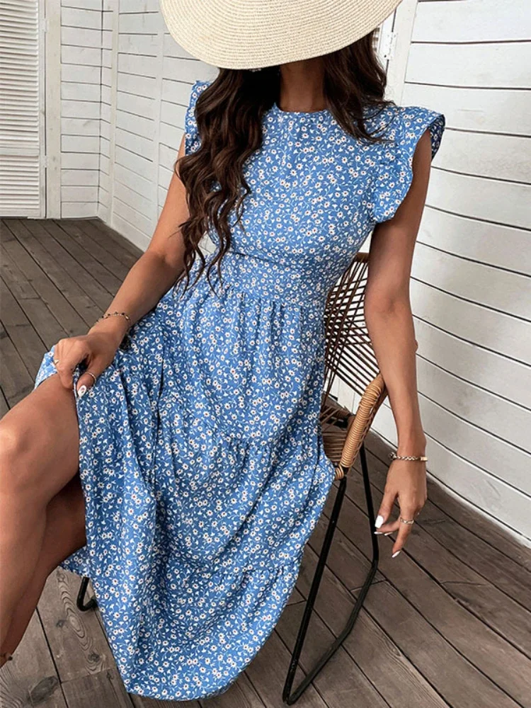 

Party Women Dress Summer 2022 Vintage Print High Waist Beach Long Dress Flying Sleeve Dresses Elegant Casual Vestido De Mujer