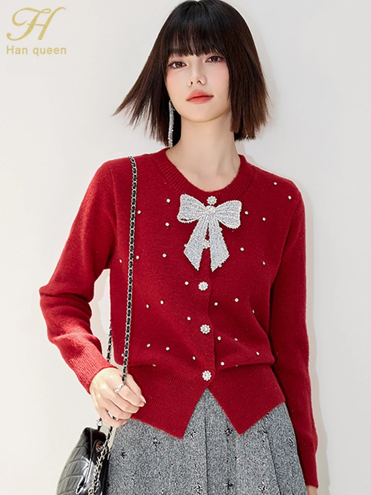 

H Han Queen 2025 Autumn Bow Cardigan Women Fashion Nail DrillLong Sleeve Female Clothing Fashion Loose Knitwear Soft Sweater Top