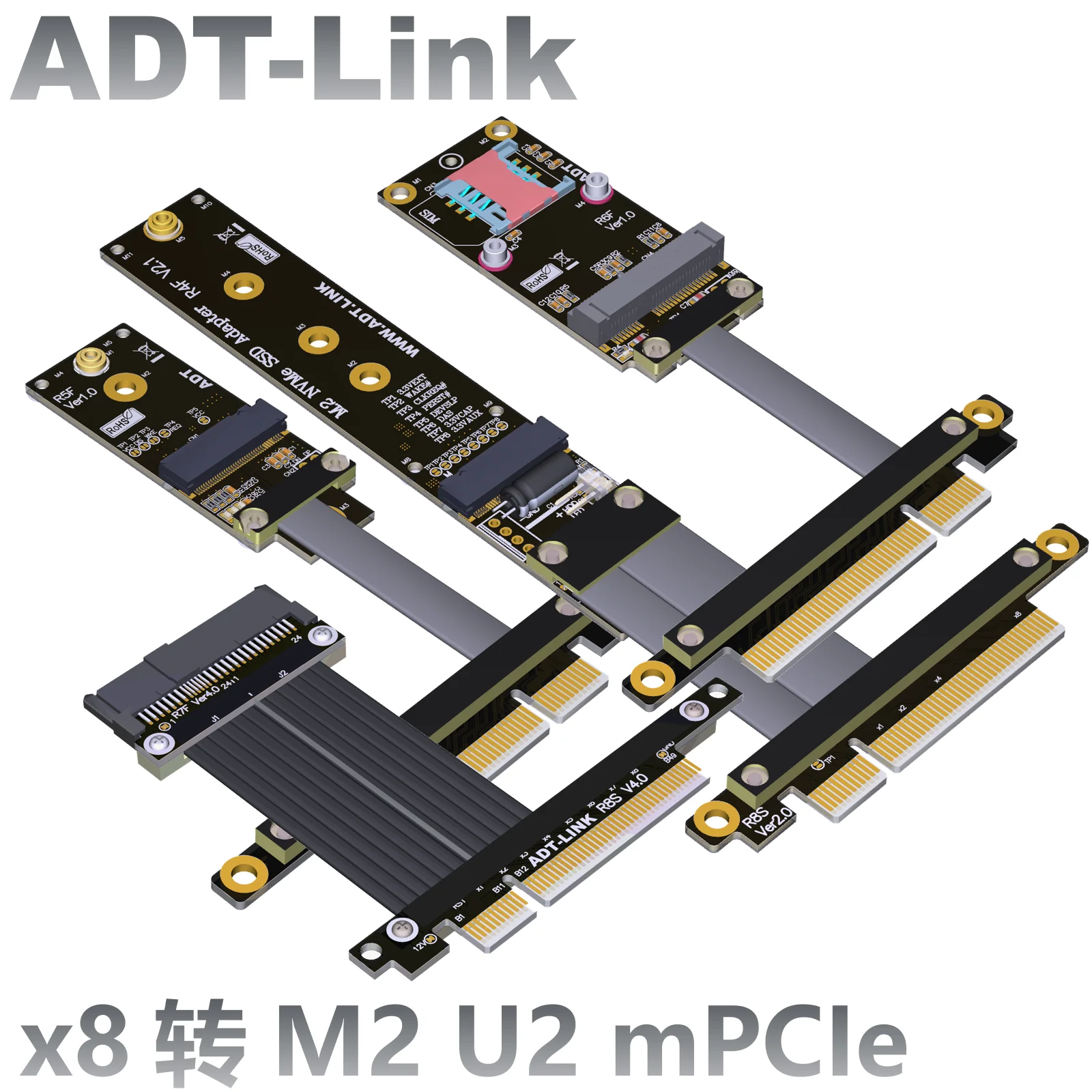 

Адаптер ADT-Link PCIE 3,0 4,0x8 штекер на M.2 NVMe M2 WiFi U.2 SFF-8639 SSD mPCIe Удлинительный кабель PCI-E 8X Слоты Графический переходник удлинитель