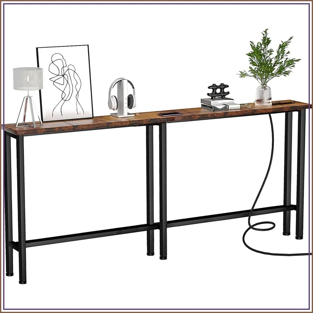 

78" Narrow Console Sofa Table with Power Outlets & 2 USB Ports, Metal Frame, Rustic Brown, for Hallway, Office, Behind Sofa, 4.9' Cord