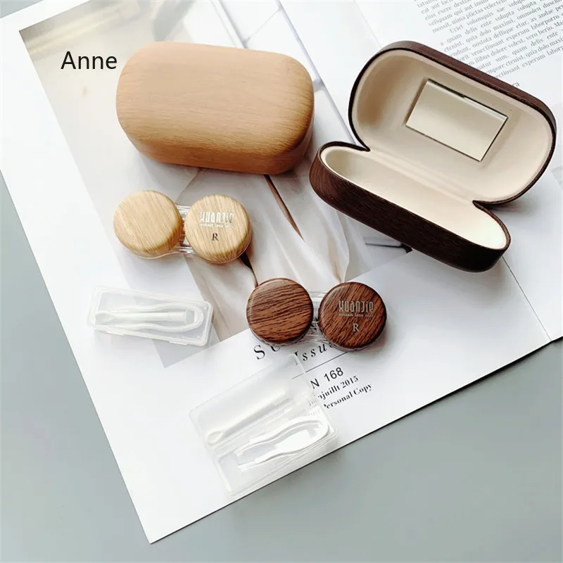 Retro Leather Wood Grain Double Partner Cosmetic Contact Lens Box Large Diameter Leak-proof Storage Myopia Contact Lens Case