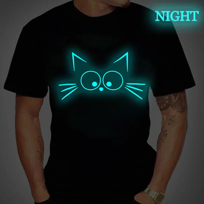 Simple Style Cat Print T Shirt Men Women Fashion Crewneck Luminous Streetwear Summer Animal Cat Lover Gifts Hip Hop Male Tshirt