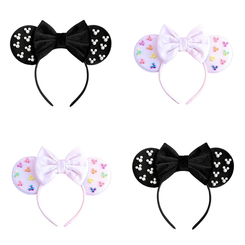 Pearl Mickey Mouse Ears Headbands Women Disney Hairband Girls Bow Hair Accessories Baby Minnie Hair Bands Kid Cartoon Headwear