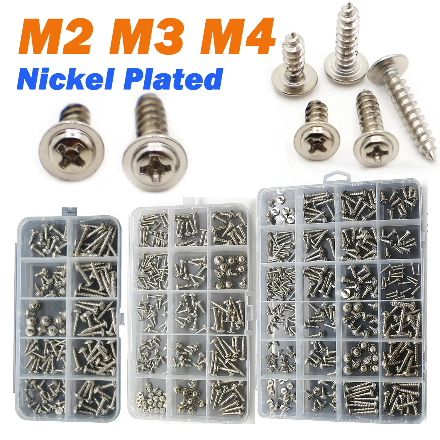 1 Box M2 M3 M4 Nickel Plated Carbon Steel Phillips Round Head Self-Tapping Screw with Washers Assortment Kit for Timber & Metal
