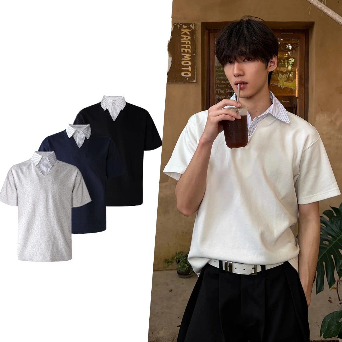 funny t-shirt High intelligence style fake two-piece T-shirt V-neck versatile college style couple