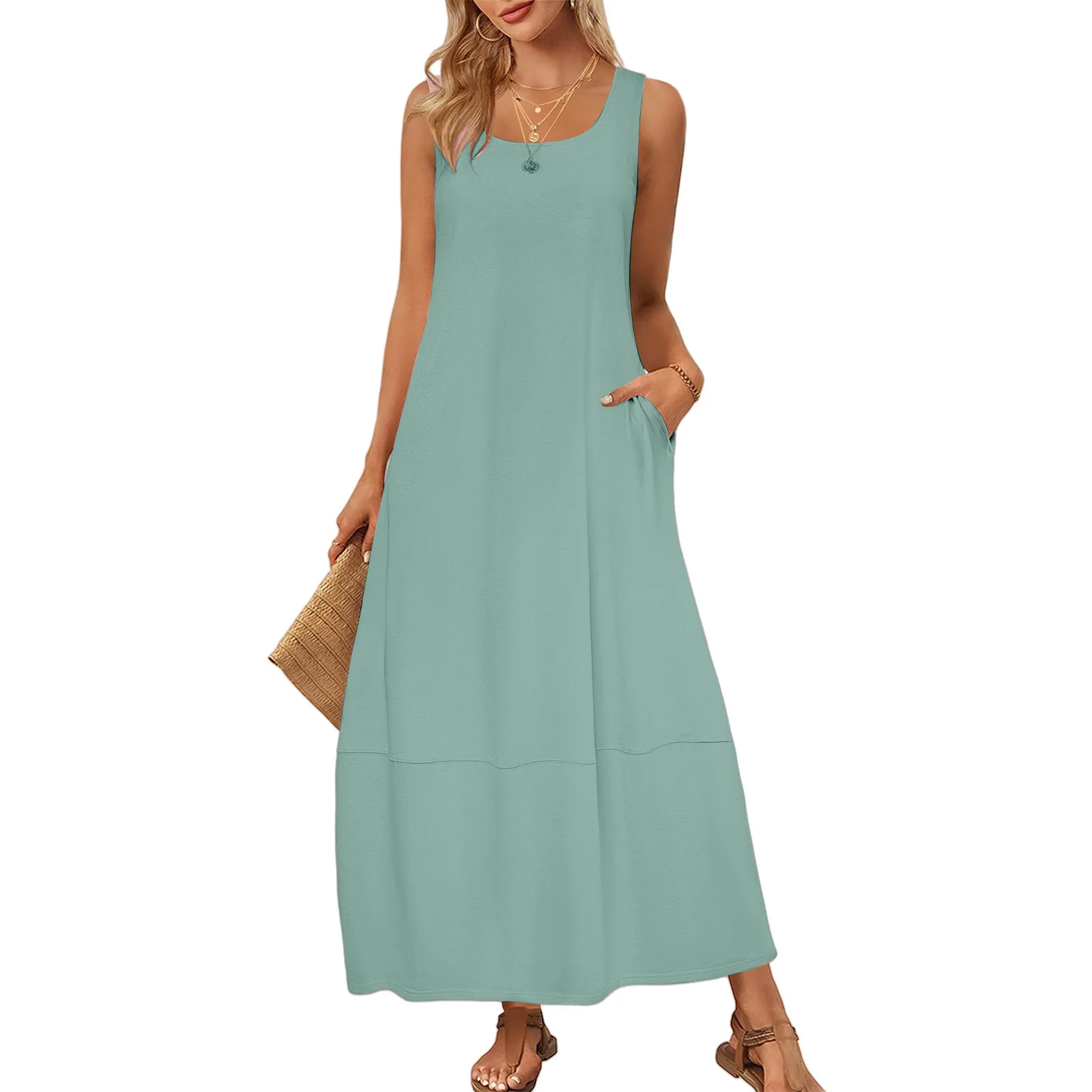 2026 Frühling Sommer Neues Elegantes Damen-Midikleid Ärmellos Einfarbig U-Ausschnitt Freizeitkleid Damen Party Club Kleidung Mit Tasche – Detail 7