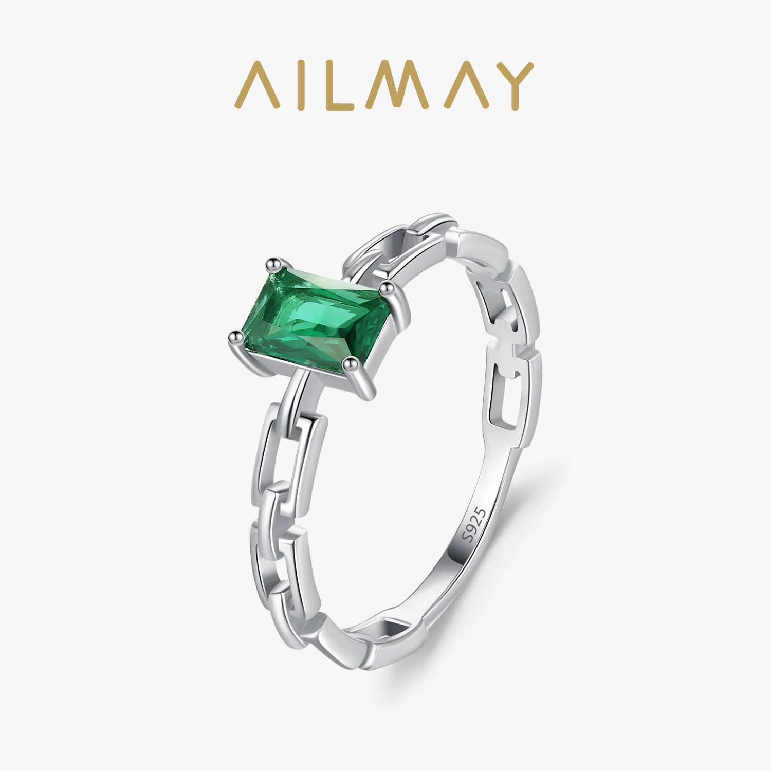 Ailmay 925 Sterling Silver Rectangle Green Cubic Zirconia Finger Ring for Women Elegant Wedding Engage Party Accessory Jewelry