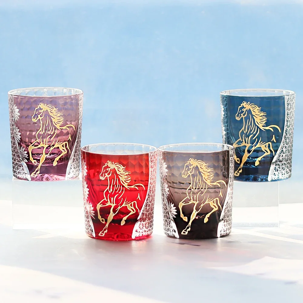 Hand-Carved Year of the Golden Horse-Edo Kiriko Art Glass Whiskey Tumbler-Rare Japanese Craftsmanship & Investment piece