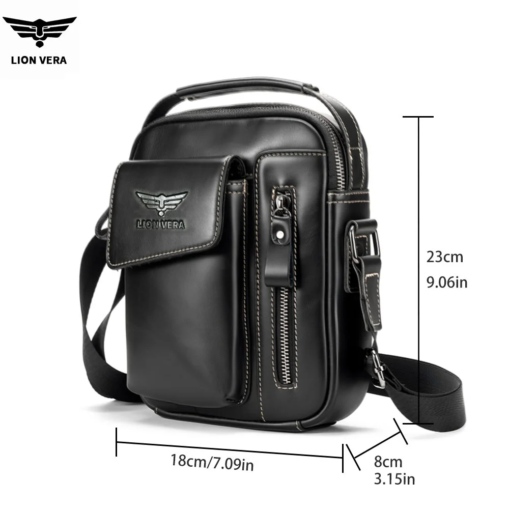 LION VERA Men's Genuine Leather Shoulder Bag 7-inch Tablet Computer Bag Business Commuter Handbag Leisure Messenger Bag