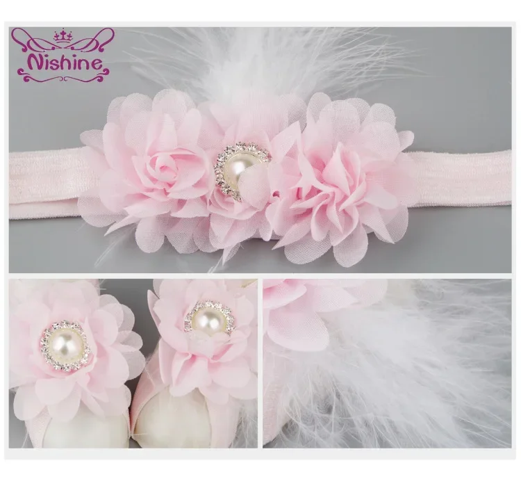 Cute 3 pz/lotto Boutique fascia per fiori in Chiffon con sandali a piedi nudi morbida piuma scarpe per bambini appena nati regali per neonate