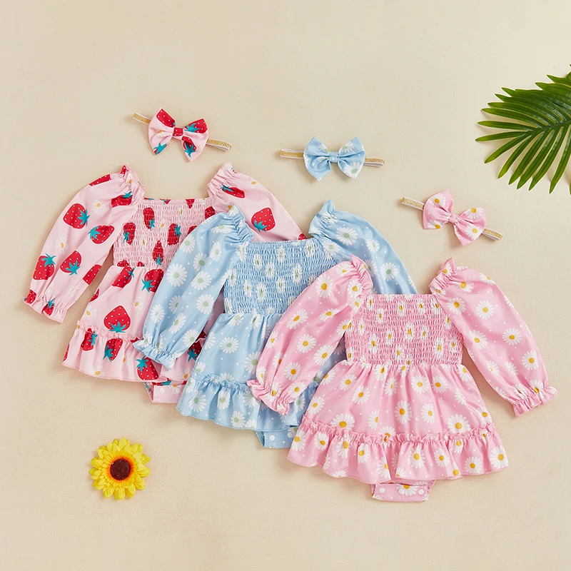 

Tregren Baby Girls Romper Dress Flower/Strawberry Print Long Puff Sleeve Smocked Jumpsuits Bow Headband