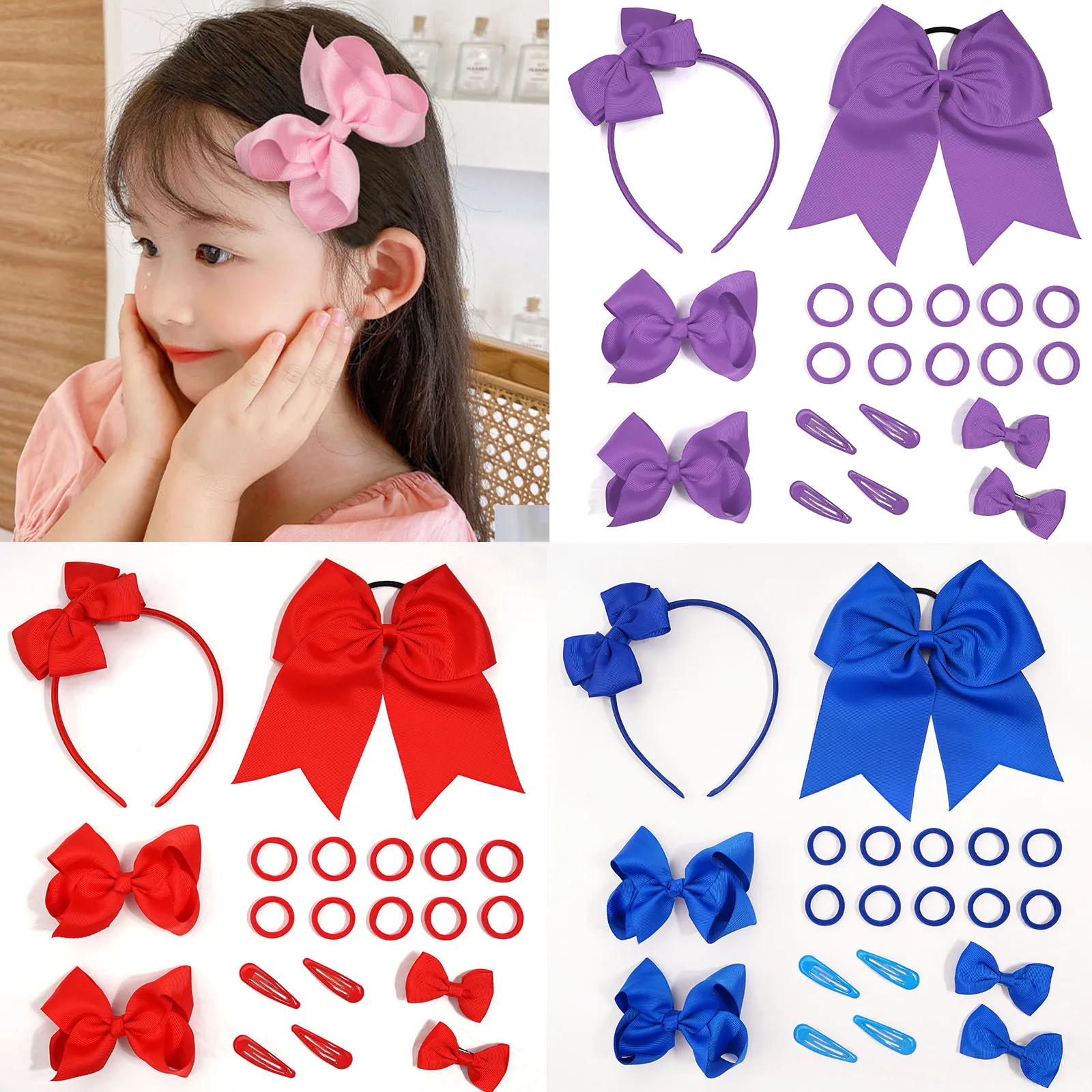 

Girls Headband Set Elastic Scrunchie Bubble Bow Hair Clips Solid Color Bowknots Hair Hoops Decorative Headdress for Kids Gifts