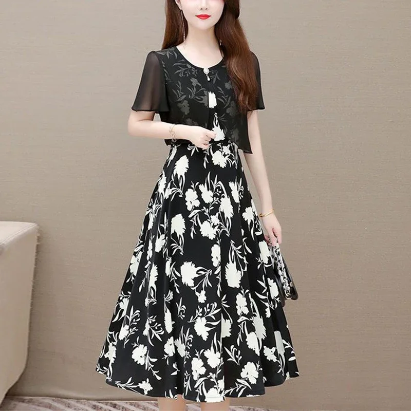 2024 Summer New women's Floral Printed Fake Two Pieces Vestidos Ladies Casual Fashion manica corta Midi Robe Femme elegante Dress