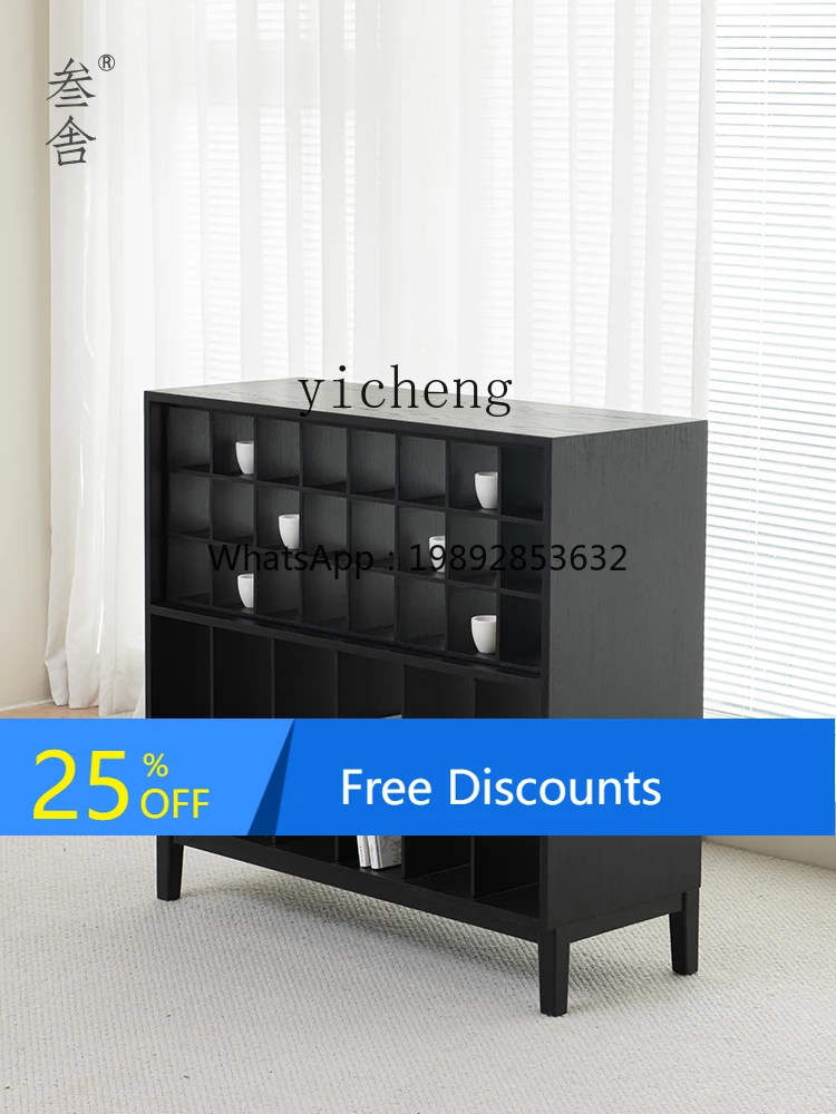 short bookcase black solid wood modern simple locker grid storage tea set tea storage living room decoration