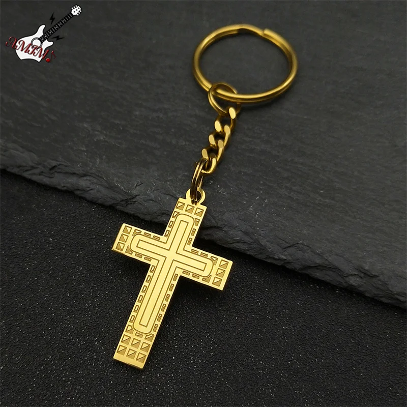 Stainless Steel Jesus Christ Cross Keychain for Women Men Gold/Silver Color Religious Faith Cross Key Chains Jewelry