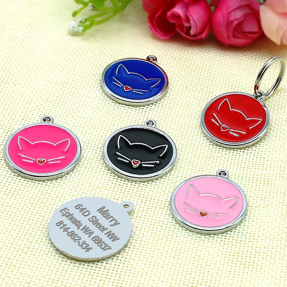 Cute Cat Tag Small Dog ID Tags Free Engraved Name Cats Kitten Name Tag Anti-lost Pet Collar Pendant Fish Shape&Cat Face Tags