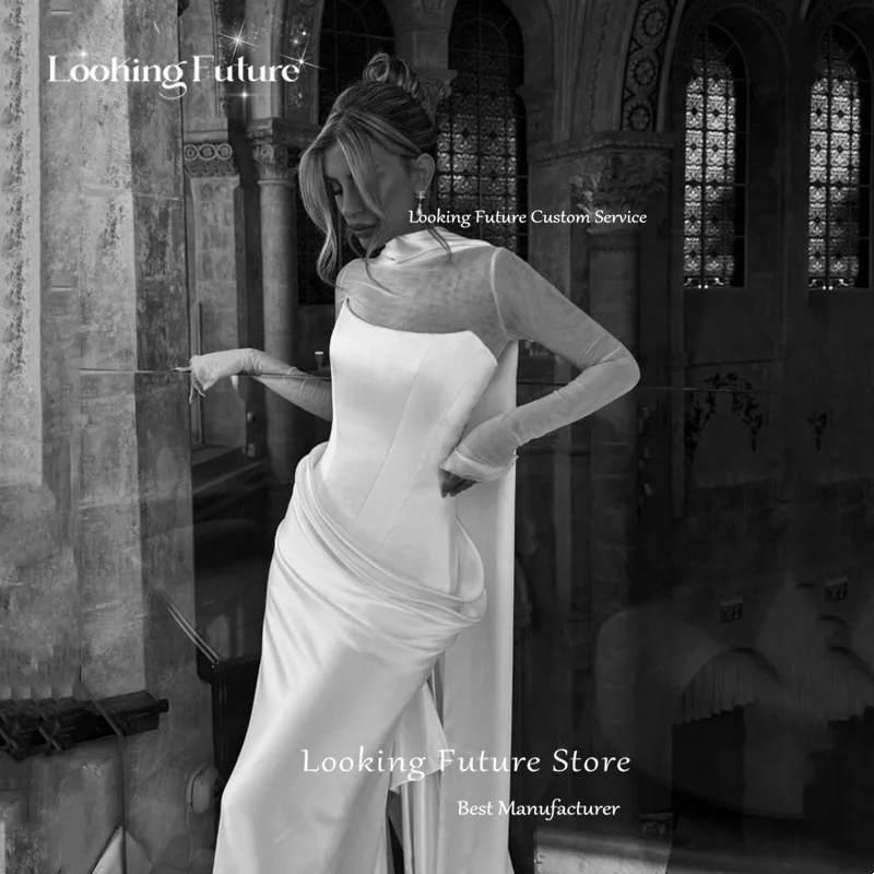 Vestido de novia de satén de sirena sencillo, tul, mangas largas, elegante, cuello alto, Formal, plisado, largo hasta el suelo, personalizado, 2025