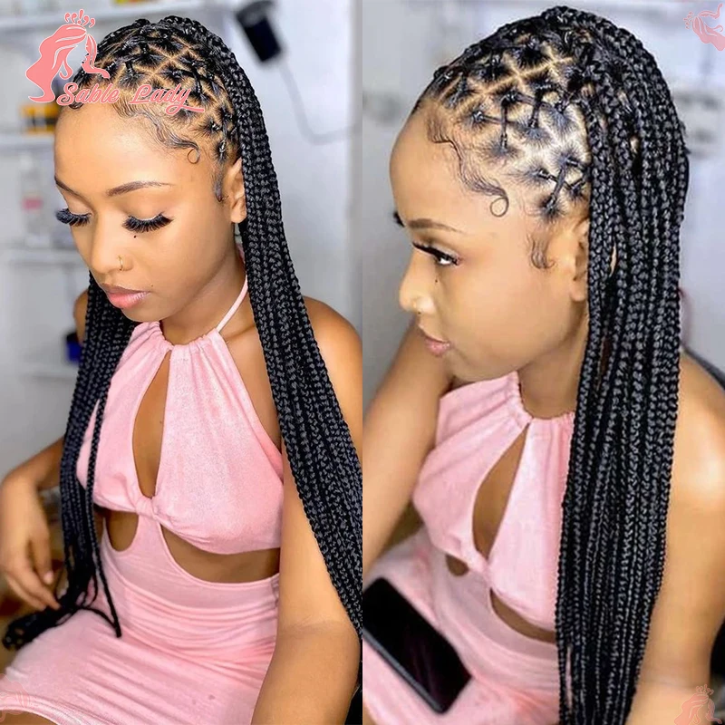 Peruca sintética trançada Full Criss Cross para mulheres negras, 36 "tranças Cornrow, perucas de renda, Knotless Box Braid, peruca cheia do laço