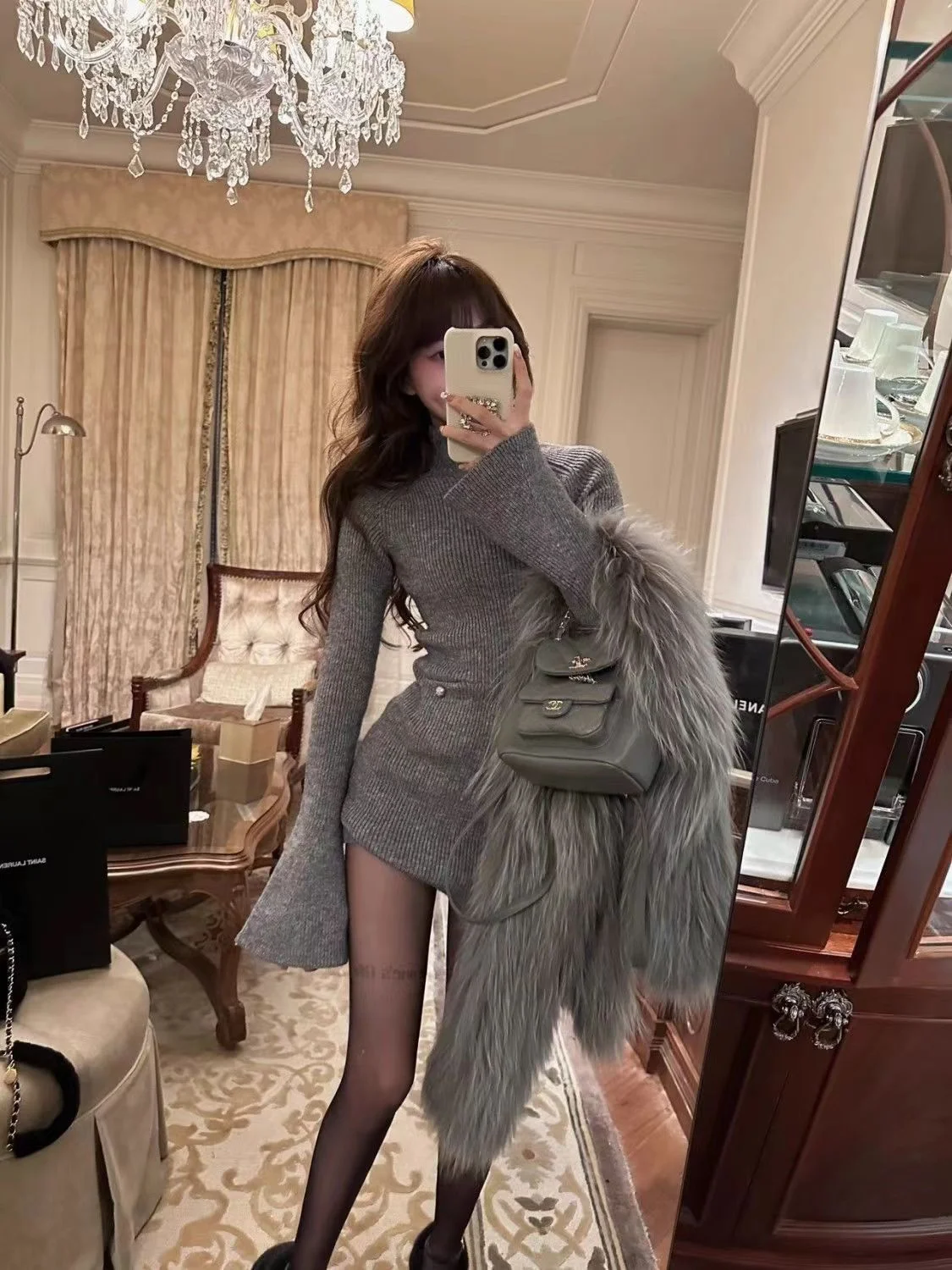 بلوفرات بطول الركبة سترات للفتيات سترات نسائية حساسة فضفاضة تناسب المرحلة للسيدات Fairycore طباعة الفراء طوق جلد نغمي طويل