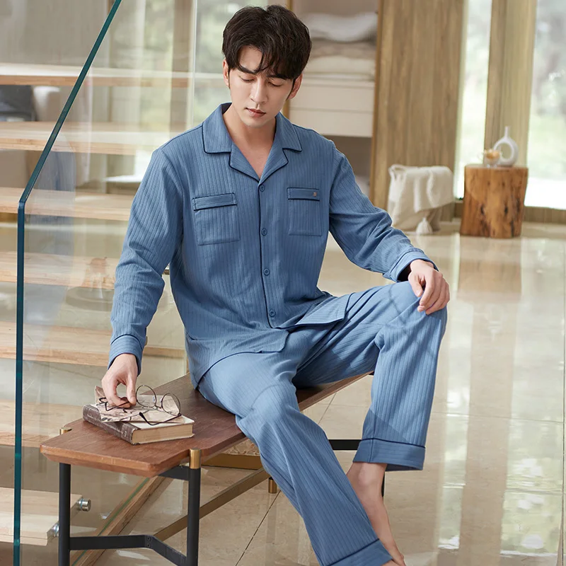 New Autumn Pajama Set Male Full Cotton Sleepwear Solid Home Clothing Long Sleeves Spring Cardigan Leisure Pyjamas Suit 3XL