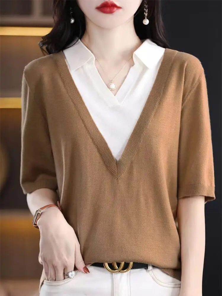 

Women's Cashmere Wool Tee Tops 2023 Spring Turn Down Collar Knitwear Blouse Ladies Short Sleeve Knit Shirt Polos Clothes