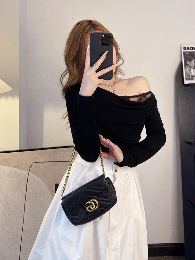 

Сексуальный кружевной топ с кружевными плечами, женский косой воротник со свободным воротником, плиссированный утягивающий длинный топ све на осень