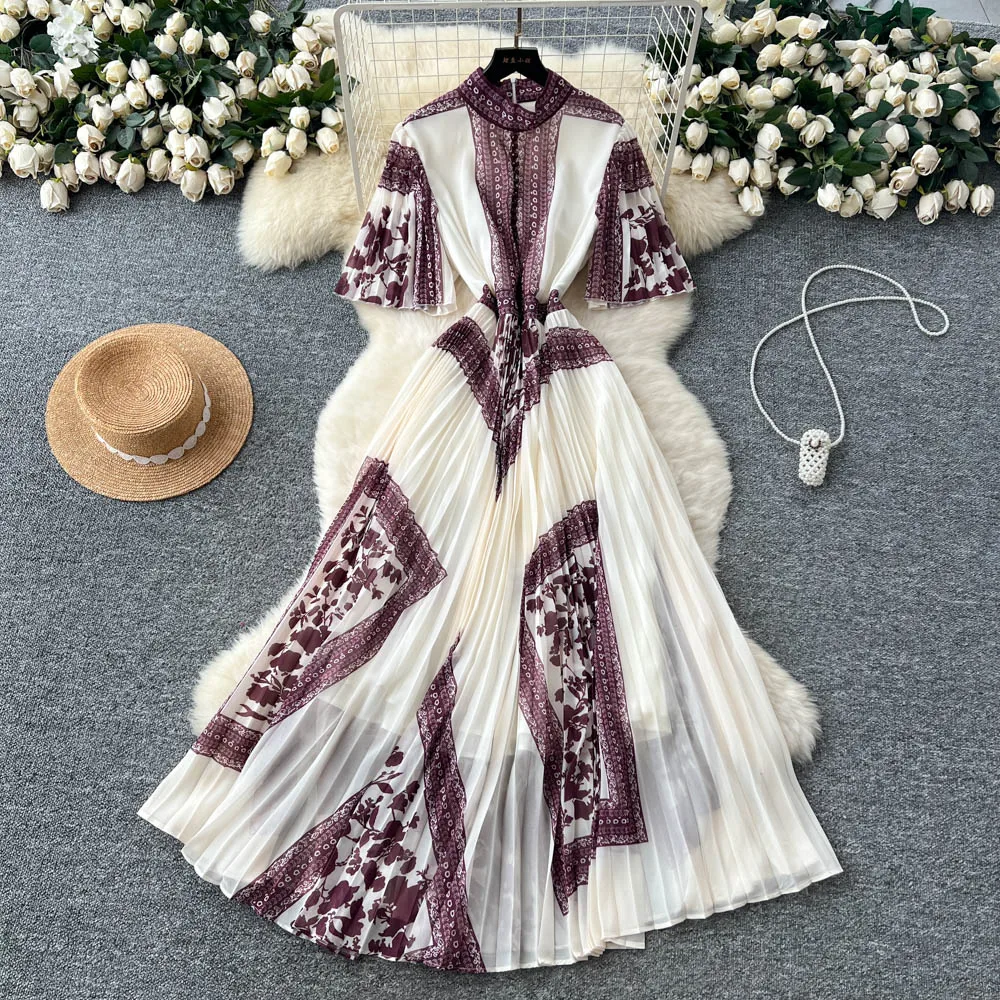 

French Ruched print dress women's summer waist sweet dresses ceremony dresses women clothing