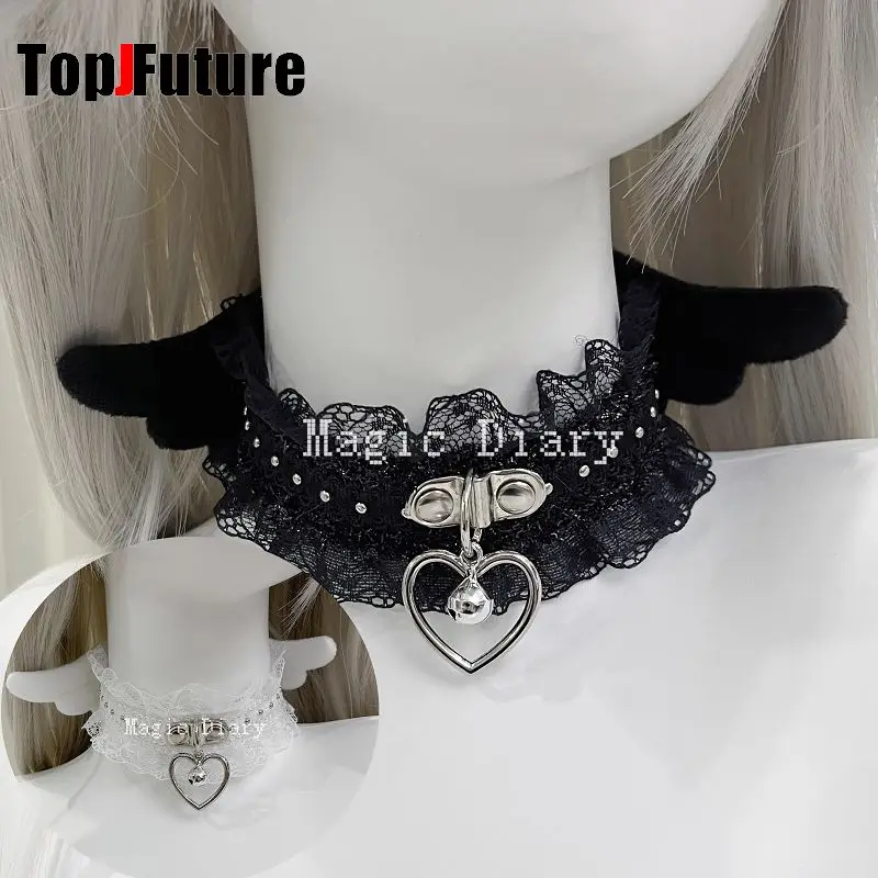 Steampunk Gothic Lolita Y2K Spice Girl Cosplay Angel Wings Collar Harajuku Punk Streetwear Women Men Lace Ruffle Necklace Choker