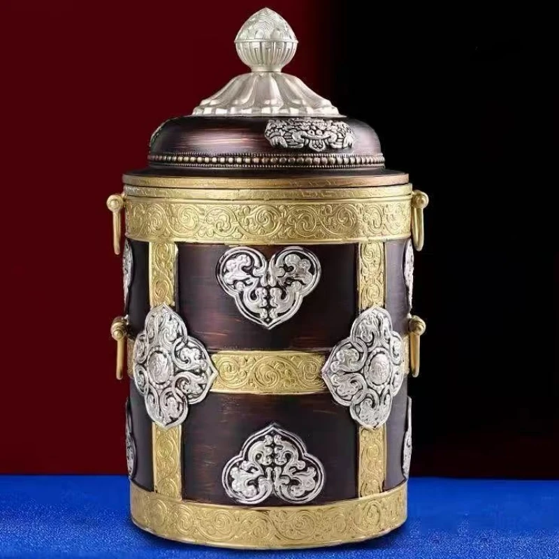 

Tibetan Copper Jar,Engraving Eight Auspicious Nepal Food Organizer Buddhism Handicraft Storage Box,Buddhist Item Home Decorative