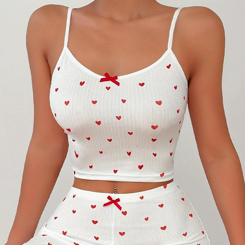 Sexy Heart Printed Bowknot Suspenders Home Leisure Set Pajamas Women