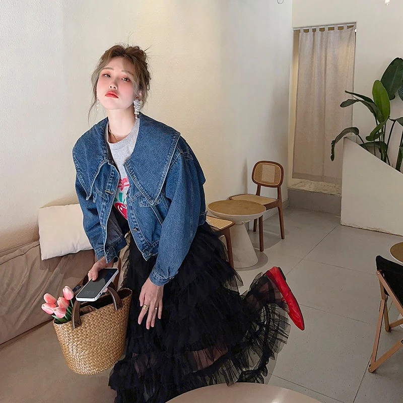 ربيع الخريف 2025 جديد وصول المرأة الكورية قصيرة كاوبوي سترة الأزرق الحلو دمية طوق التلبيب فريد المتخصصة العصرية قمة الموضة #1