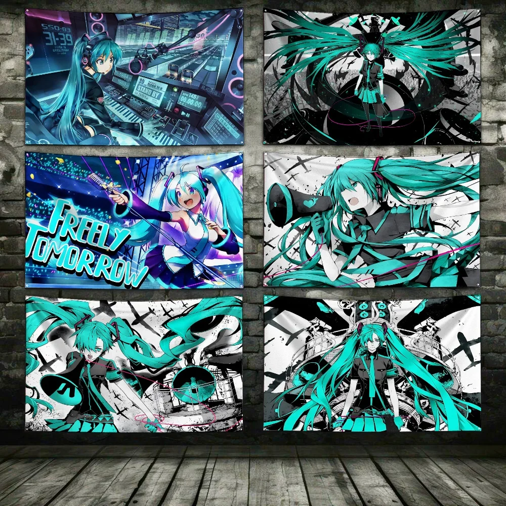 H-Hatsunes M-Miku Flag Polyester Digital Printing Banner 4 Sizes for Garage Wall Art Out Door Decoration With Brass Grommets