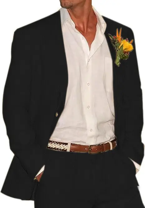 Men 2 Piece Linen Suit Groomsmen Summer Wedding Tuxedos Blazer+Pants