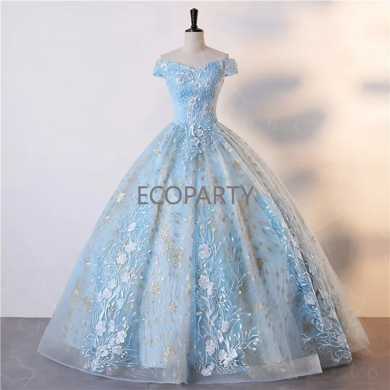 Women\'s Princess Dress Adult Evening Party Dress Embroidered Strapless Off Shoulder Light Blue Dress Women Fluffy Skirt Gown