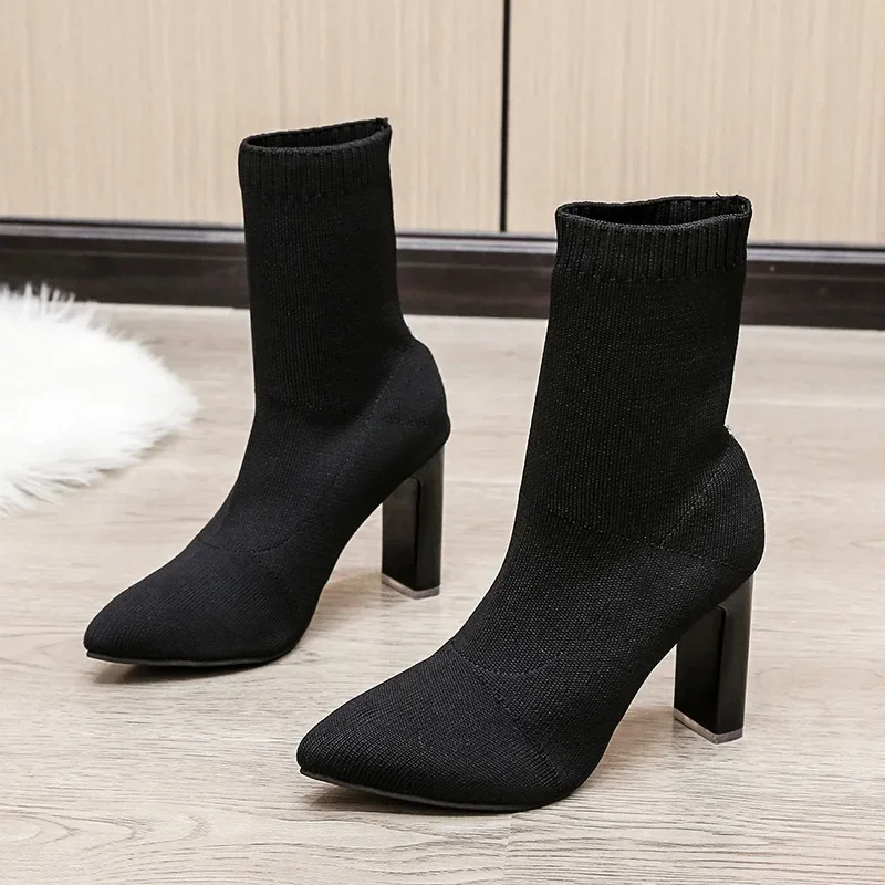 2024 New Autumn Winter Thick High-heeled All-match Thin and Thin Boots Women\'s Pointed Toe Mid-tube Elastic Socks Boots Women