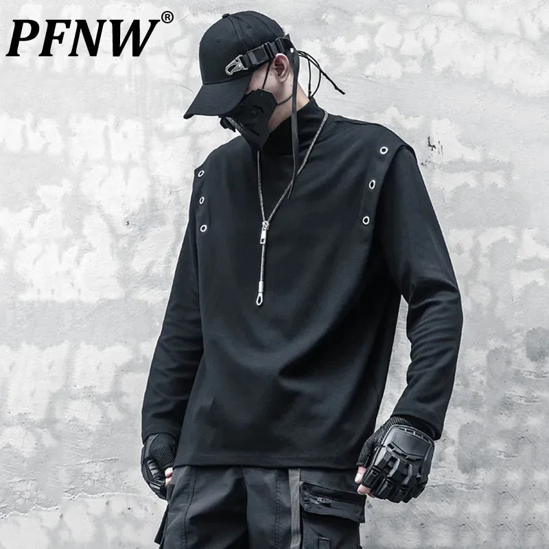 PFNW Darkwear Men's Functional Trend Slim Stand Collar Bottom T-shirt Fashion Black Long Sleeve Pullover Knit Inner Tops 12C416