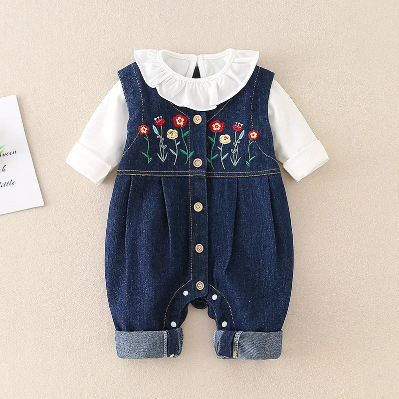 

Baby Clothing Girl Baby Princess Style Suit 2024 New Spring Autumn Newborn Solid Color Cotton Top Denim Romper Two Piece Set