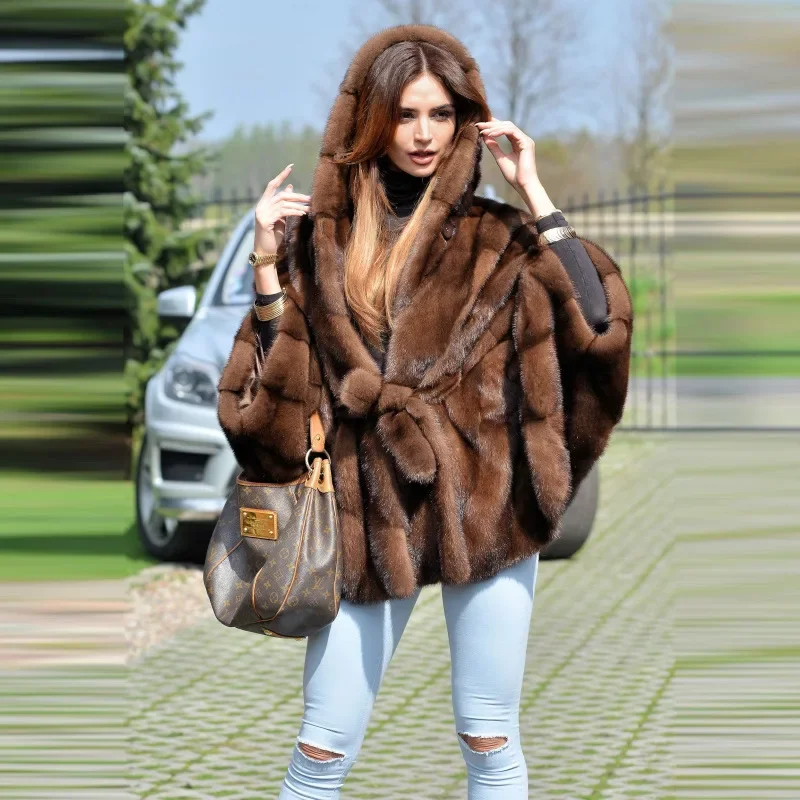 Women New Faux Fur Hooded Coat Autumn Winter Elegant Warm Quality Female Casual Lace-up Street Fashion Outwear Cloth