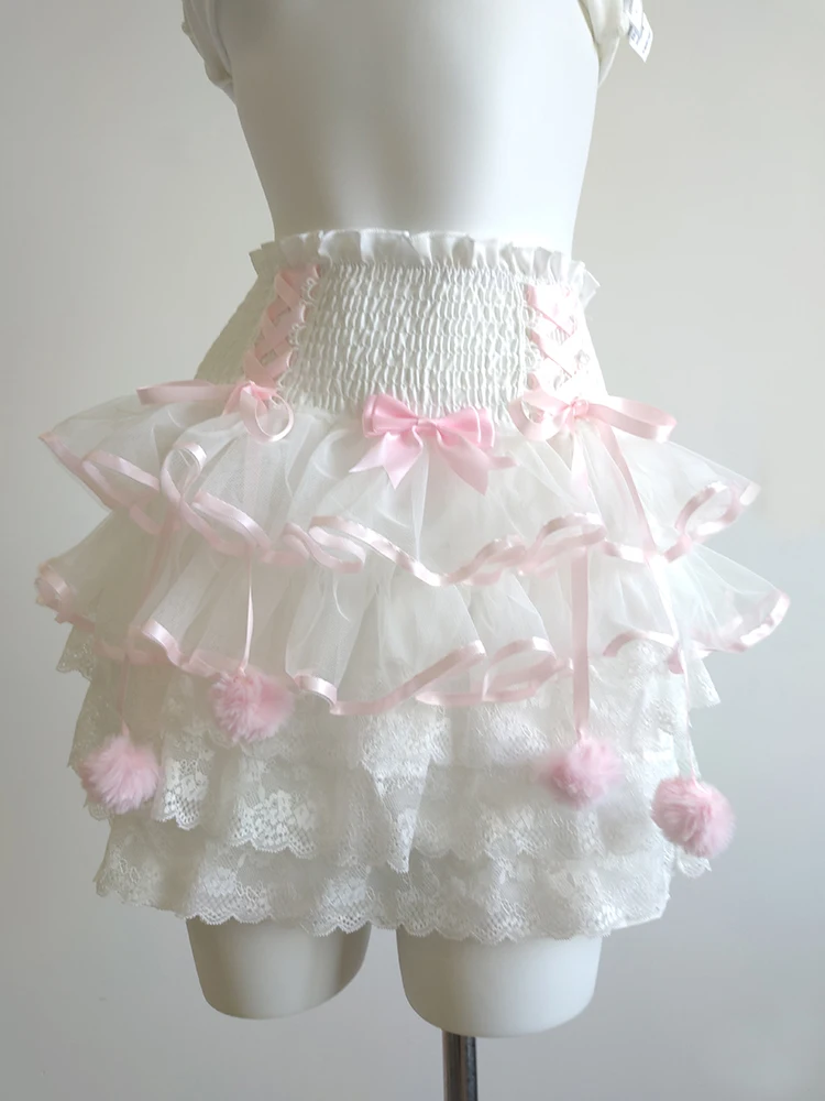 Cute Multilayered Skirts for Sweet Girls Summer Mesh Lace Trim Bow Pompon Decoration Elastic Waist Lolita Style White Skirt