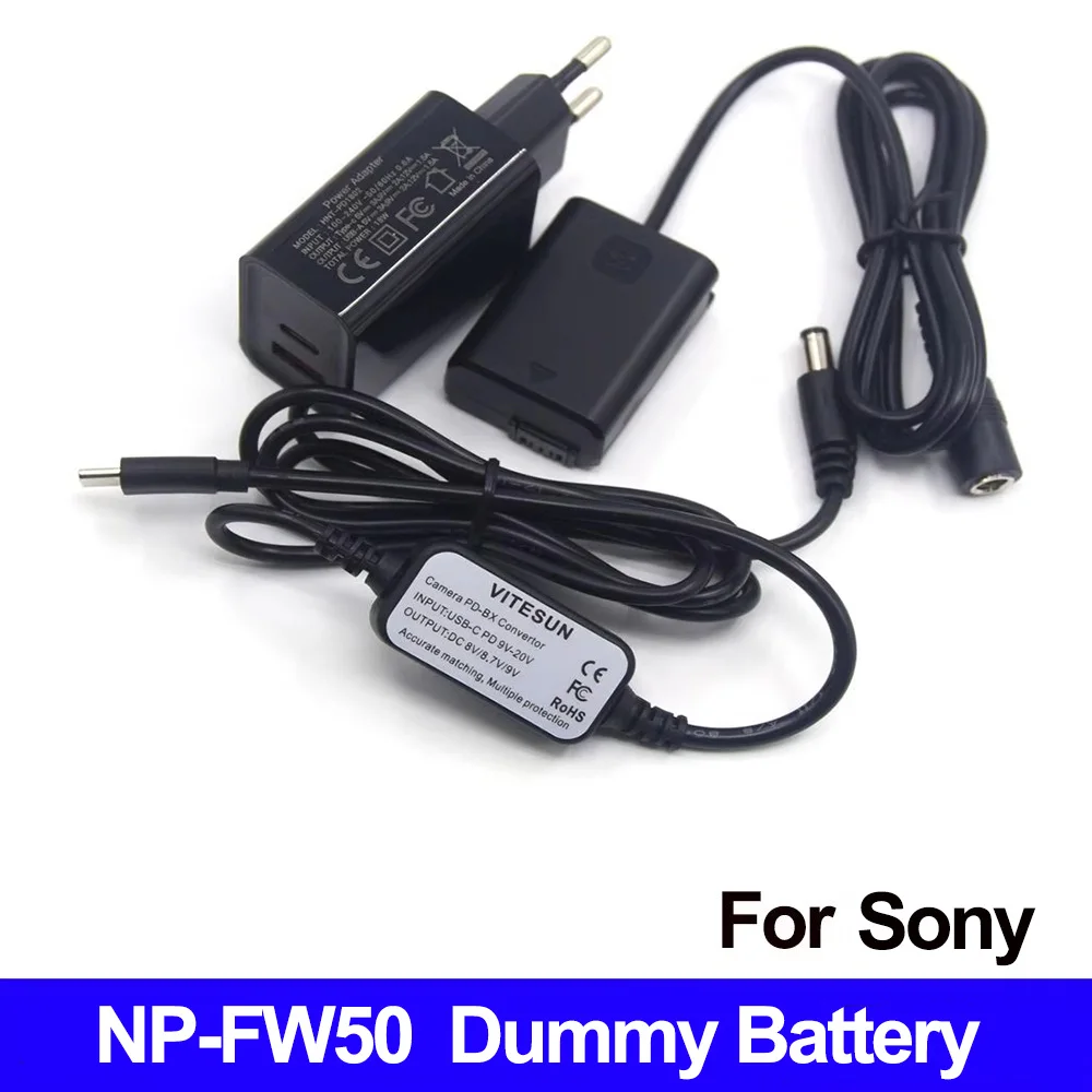 

PD Charger USB C DC Cable NP-FW50 Dummy Battery for Sony A3500 A6000 A6300 A6500 A7000 A7II A7R A7RII A7 A7SII ZV-E10 Camera