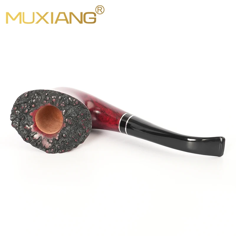 MUXIANG Handmade briar tobacco pipe, acrylic curved handle, bowl with burl surface, flower pipe