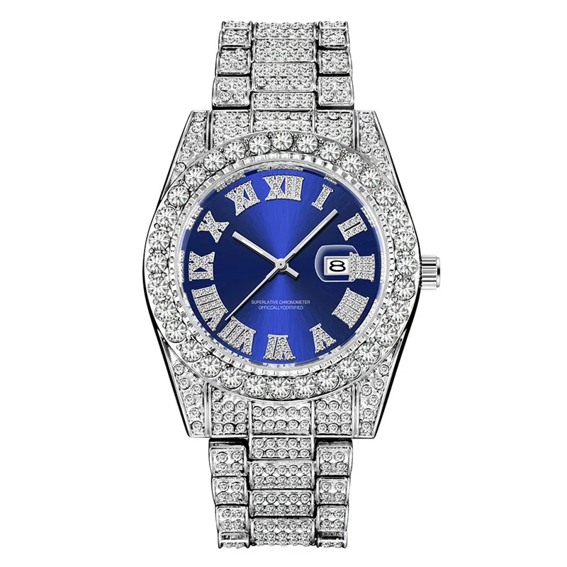 Relojes originales de marca grande y famosa para Hombre, Reloj de pulsera de cuarzo con fecha dorada y diamantes de Hip Hop, Reloj plateado para Hombre