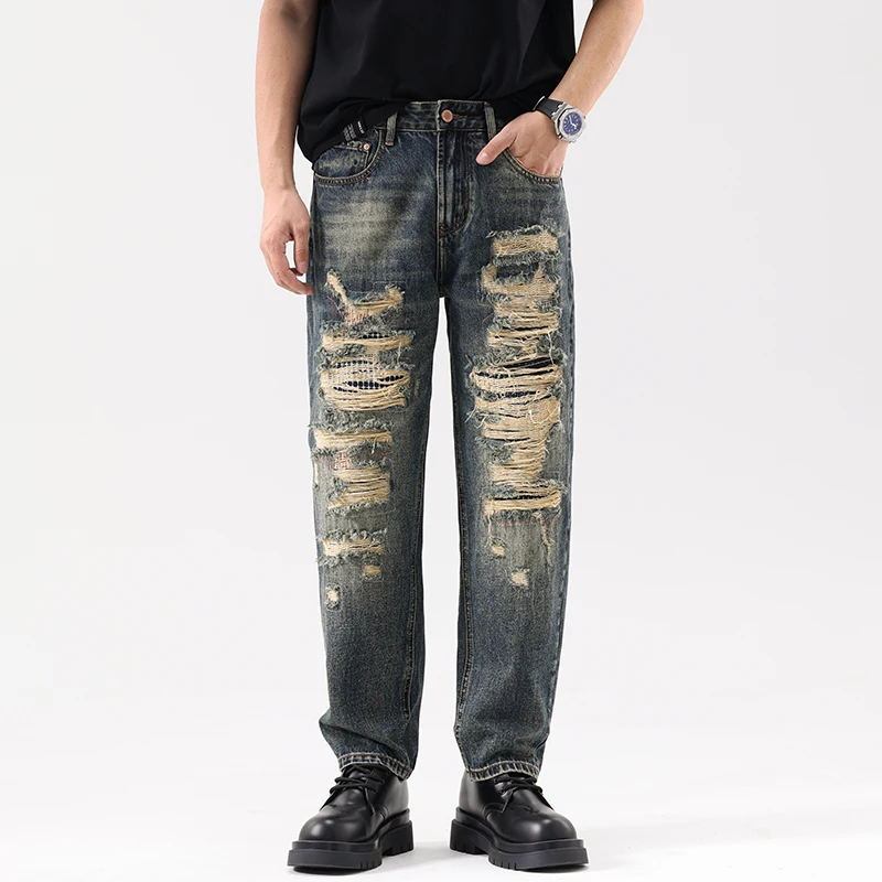 

5K51030-2 American high street new tide loose retro big brand washed cone-shaped hole straight jeans male