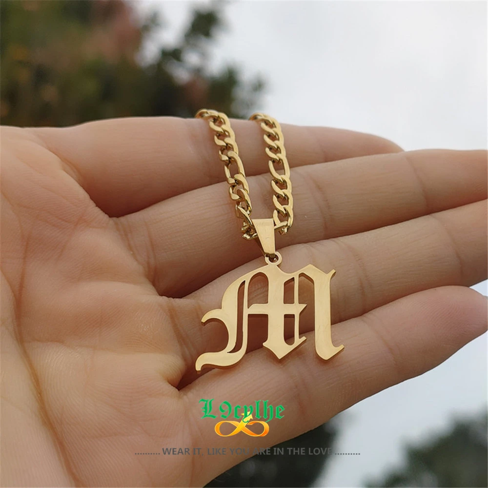 

Custom Name Personalized Initial Old English Letter Pendant Necklace Stainless Steel Figaro Chain Necklace Women Men BFF Jewelry